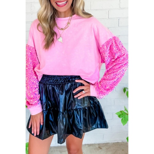 Azura Exchange Pink Sequin Patchwork Long Sleeve Pullover Top - L - Main Image