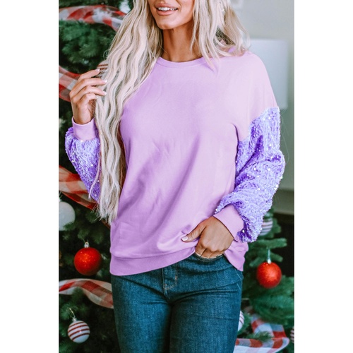 Orchid Petal Sequin Patchwork Long Sleeve Pullover Top - L - Main Image