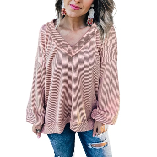 Peach Blossom Loose V Neck Bubble Sleeve Knit Ribbed Top - L - Main Image