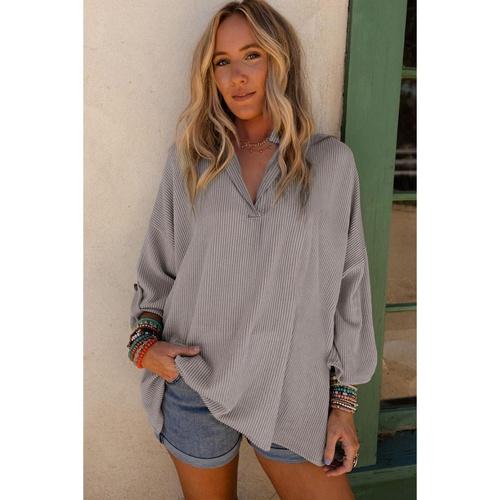 Philippine Gray Ribbed Roll-tab Sleeve Oversize Top - L - Main Image