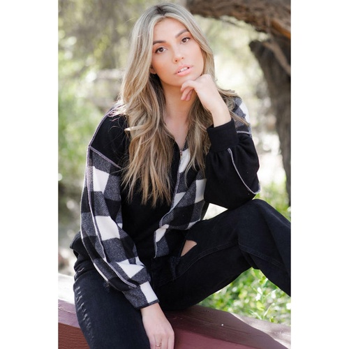 Black Checkboard Patchwork Exposed Stitching Collared Top - S - Main Image