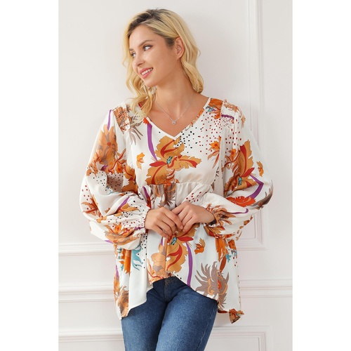 Multicolour Floral Print V Neck Babydoll Blouse - M - Main Image