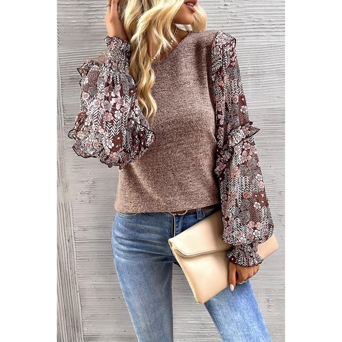 Pale Chestnut Ruffle Tiered Floral Sleeve Crew Neck Blouse - L - Main Image