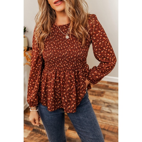 Boho Floral Smocked Bust Ruffled Peplum Blouse - S - Main Image