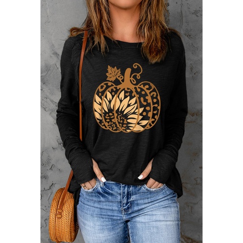 Black Sunflower Pumpkin Graphic Thumbhole Sleeve Top - S - Main Image