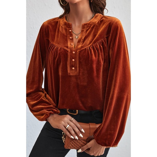 Gold Flame Lantern Sleeve Beaded Split V Neck Velvet Top - L - Main Image