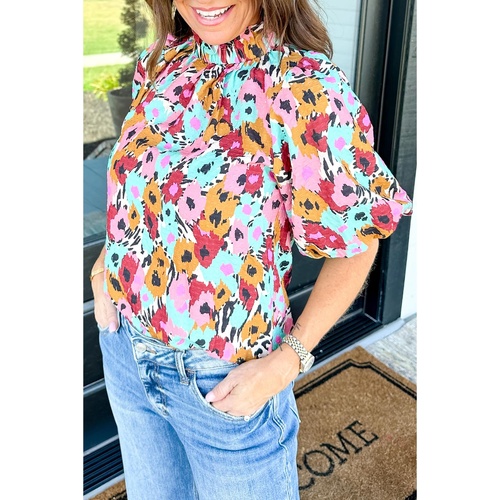 White Frilled High Neck Buttons Back Floral Blouse - L - Main Image