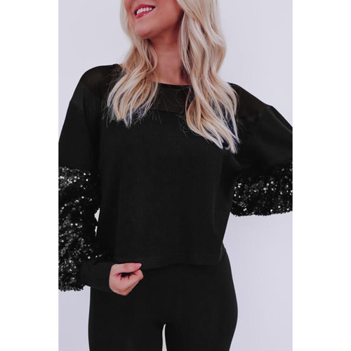 Black Sequin Patchwork Lantern Sleeve Blouse - M - Main Image