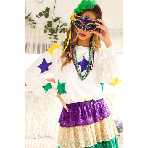 White Mardi Gras Star Printed Long Sleeve Top - L - Main Image