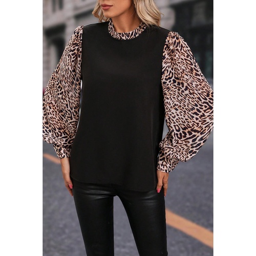 Black Contrast Leopard Print Lantern Sleeve Blouse - M - Main Image