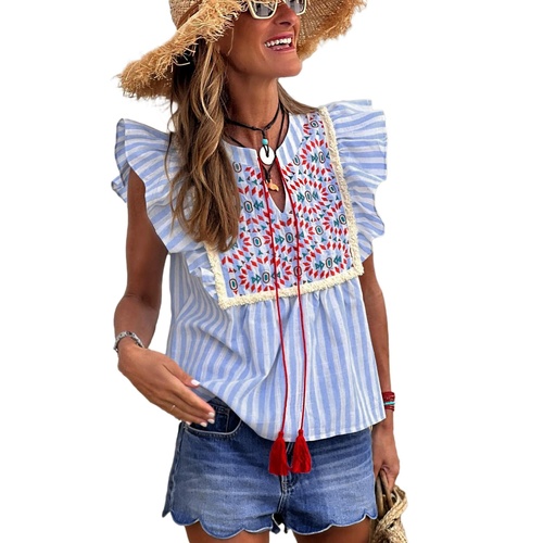 Sky Blue Stripe Geo Pattern Embroidered Tassel Flutter Blouse - L - Main Image