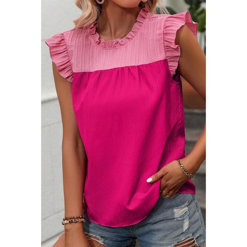 Rose Red Two Tone Ruffled Flutter Sleeve Blouse - L - Main Image