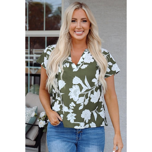 Green Floral Print Split Neck Short Sleeve Blouse - L - Main Image