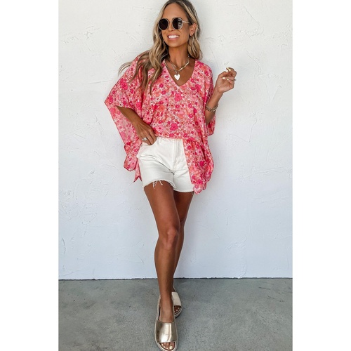 Pink Boho Floral V Neck Kimono Style Blouse - L - Main Image