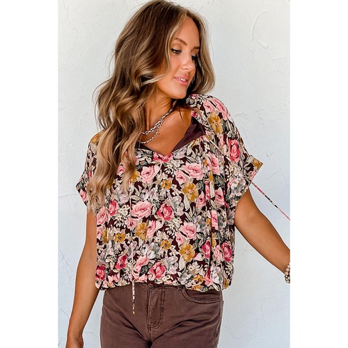 Pink Floral Print Bubble Hem Split Neck Blouse - L - Main Image