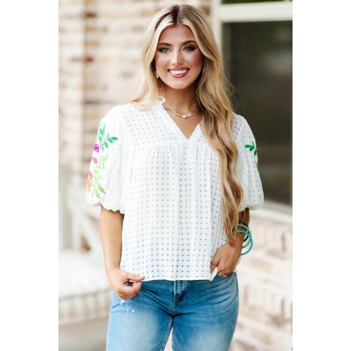 White Floral Embroidered Puff Sleeve Notched Neck Blouse - XL - Main Image
