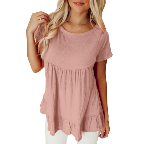 Pink Solid Short Sleeve Ruffle Hem Top - M - Main Image