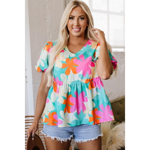 Pink Floral Print Bubble Sleeve V Neck Peplum Blouse - L - Main Image