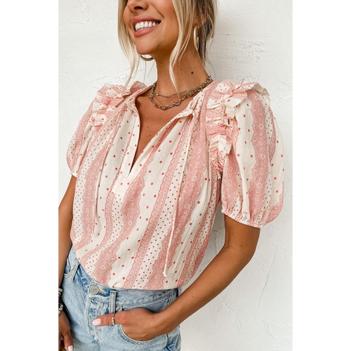 Red Frilled Short Puff Sleeve Mixed Print Blouse - L - Main Image