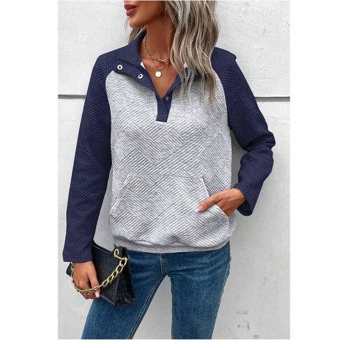 Gray Textured Contrast Splicing Raglan Sleeve Top - S - Main Image