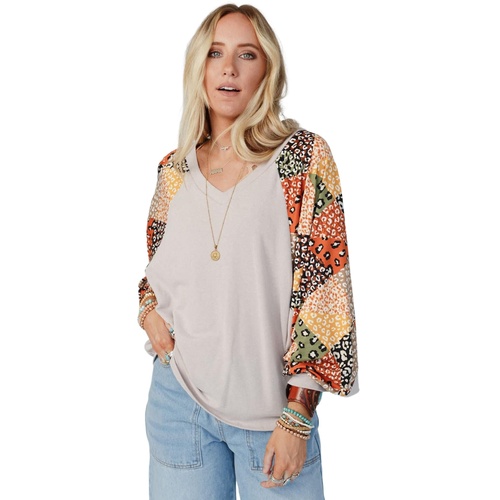 Parchment Contrast Printed Raglan Sleeves Patchwork V Neck Loose Top - L - Main Image
