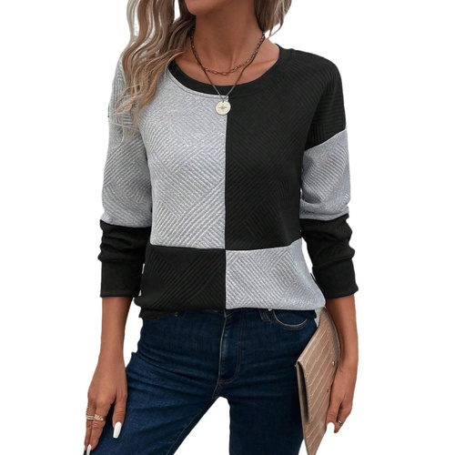 Black Color Block Textured Drop Shoulder Top - S - Main Image