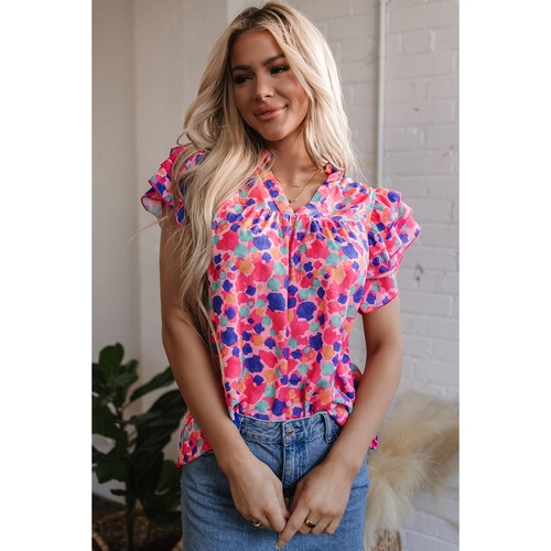 Rose Red Abstract Print Ruffled Sleeve V Neck Blouse - L - Main Image