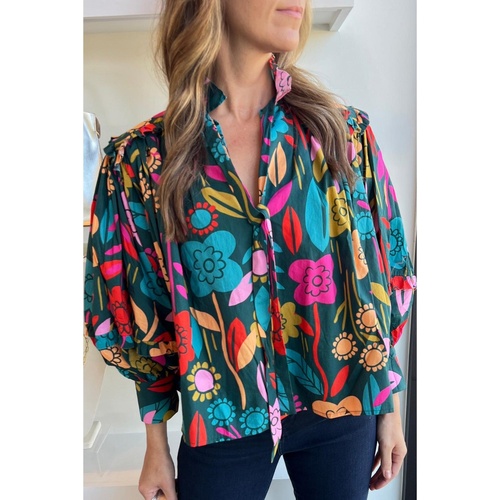 Green Floral Knot Split Neck Puff Sleeve Blouse - L - Main Image