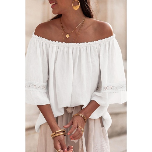 White Frilly Off Shoulder Lace Insert Sleeve Textured Blouse - M - Main Image