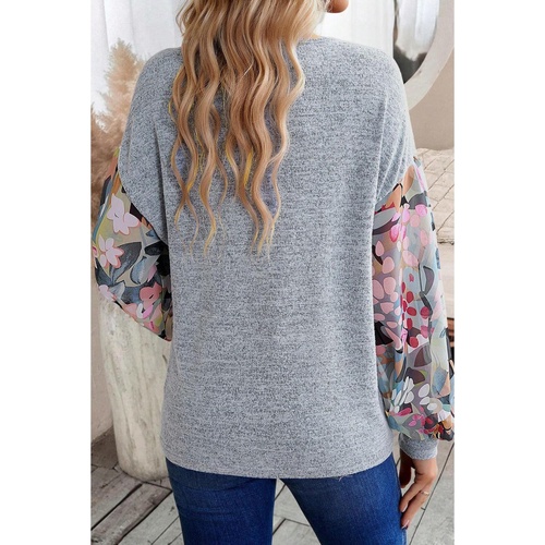 Gray Floral Lantern Sleeve Patchwork Buttoned V Neck Top - S - Main Image