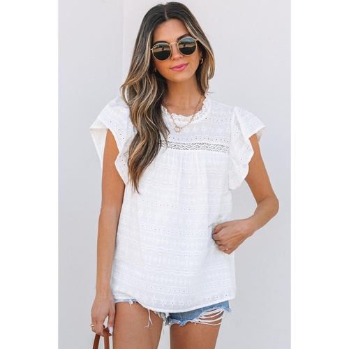 White Lace Neckline Flutter Sleeve Eyelets Blouse - S - Main Image