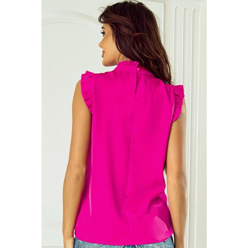 Bright Pink Pleated Mock Neck Frilled Trim Sleeveless Top - L - Main Image