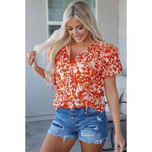 Orange Floral Print Ruffled Short Puff Sleeve Split Neck Blouse - 2XL - Main Image