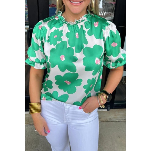 Green Floral Puff Sleeve Frill Neckline Blouse - L - Main Image