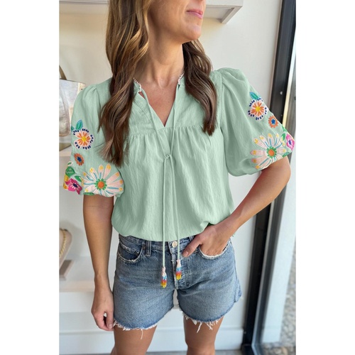 Clearly Aqua Floral Embroidered Puff Sleeve Split Neck Blouse - L - Main Image