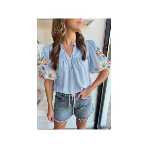 Beau Blue Floral Embroidered Puff Sleeve Split Neck Blouse - L - Main Image