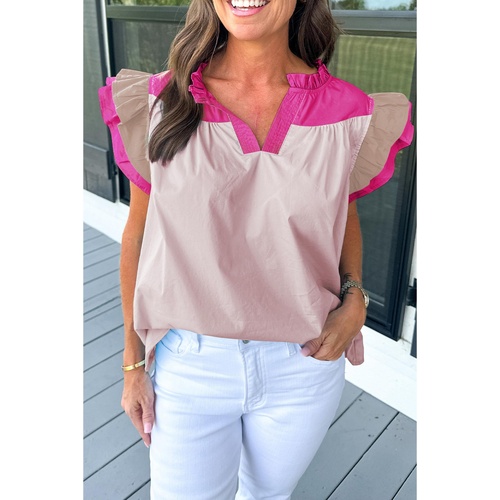 Pink Colorblock Ruffled Sleeve Frill V Neck Blouse - M - Main Image