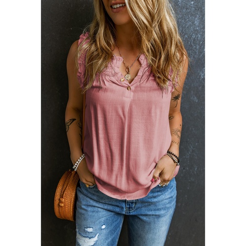 Pink Button Split Neck Ruffled Trim Tank Top - XL - Main Image