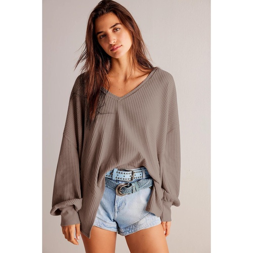 Coffee Waffle V Neck Long Sleeve Drop Shoulder Loose Blouse - 2XL - Main Image