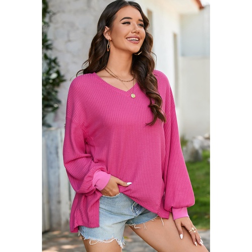 Bright Pink Waffle V Neck Long Sleeve Drop Shoulder Loose Blouse - L - Main Image