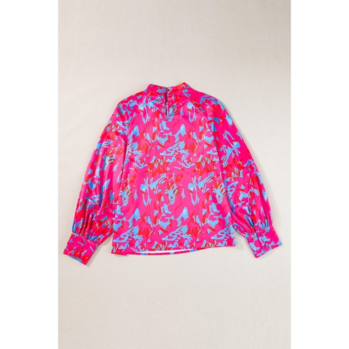 Purple Printed Bubble Sleeve Mock Neck Blouse - L - Main Image