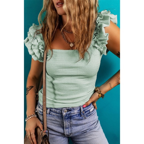 Clearly Aqua Ruffle Strap Crinkle Textured Tank Top - L - Main Image