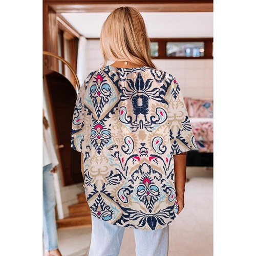 White Abstract Printed Notched V Neck Split Half Sleeve Blouse - L - Main Image