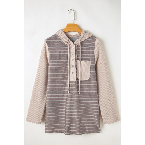 Gray Textured Knit Colorblock Striped Henley Hooded Top - S - Main Image