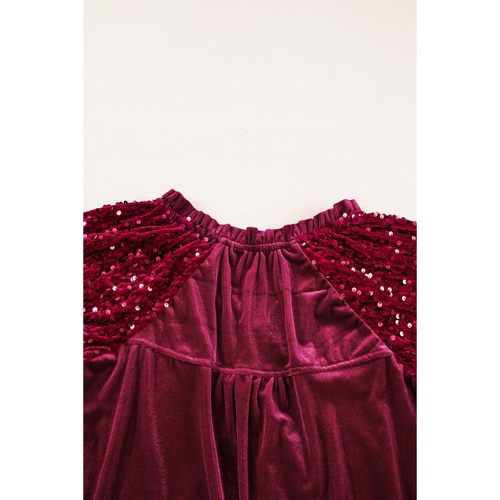 Red Dahlia Sequin Patchwork Sleeve Button Up Velvet Top - L - Main Image