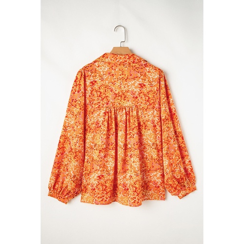 Orange Abstract Print Collared V Neck Babydoll Blouse - M - Main Image