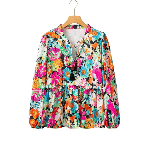 Multicolour Floral Print Bubble Sleeve V Neck Ruffled Blouse - M - Main Image