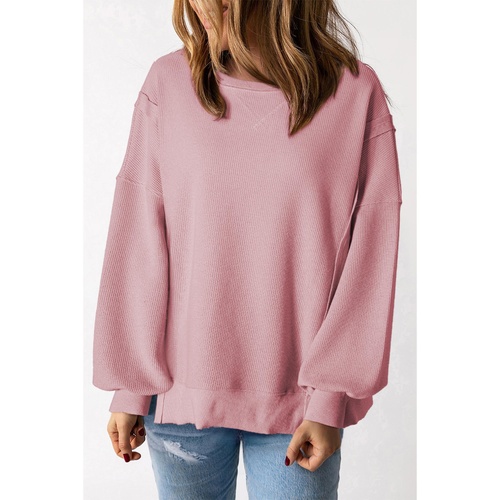 Pink Waffle Knit Bishop Sleeve Split Oversized Sweatshirt - M - Main Image