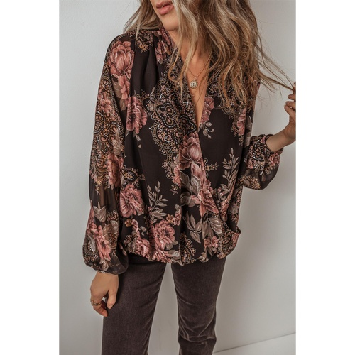 Black Floral Print Criss Cross V Neck Balloon Sleeve Blouse - L - Main Image