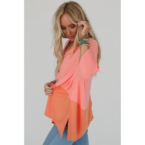 Grapefruit Orange Contrast Color Patchwork Oversized Side Split Top - L - Main Image
